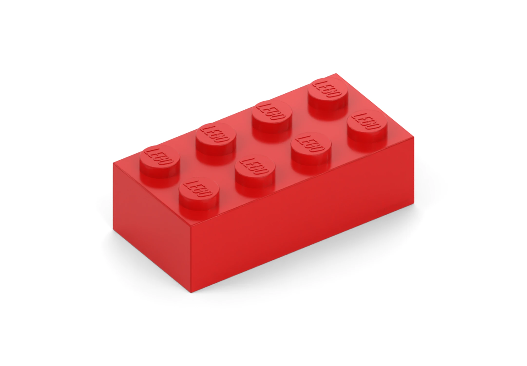 A red LEGO 2 x 4 brick with eight studs.